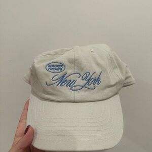 Summer Fridays Cream Cap with Blue Embroidery